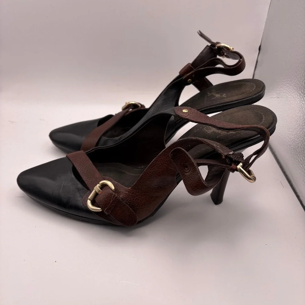 Studio 9 Womens Black Brown Leather Buckle Slingback Pointed Toe Heels Size 7M